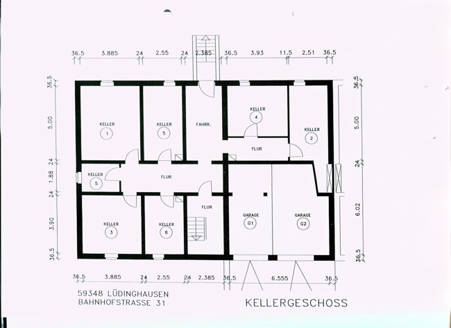 34. Plan Kellergeschoss mit Keller Nr. 2 und Garage Nr.1